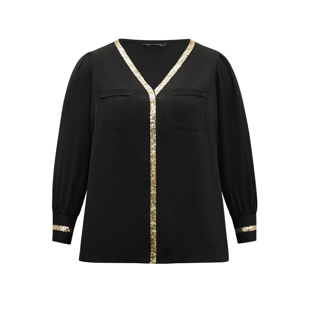 Plus Size Black Sequin Patchwork V Neck Blouse Women Glamour Long Sleeve V-neck Party Blouses BloomChic 22-24/3X Product Image
