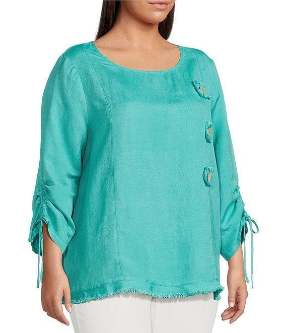 Ali Miles Plus Size Linen Blend Round Neck 3/4 Cinched Tie Sleeve Tunic Product Image