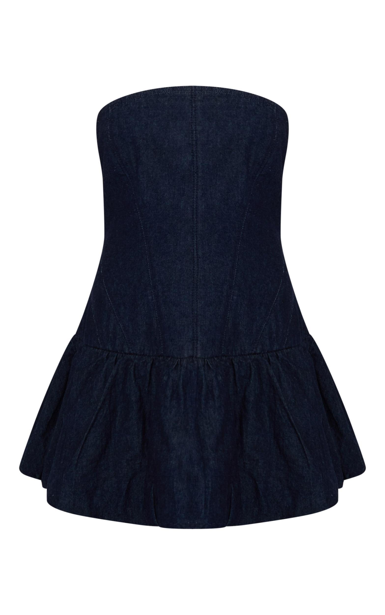 Petite Dark Blue Denim Puffball Mini Dress Product Image