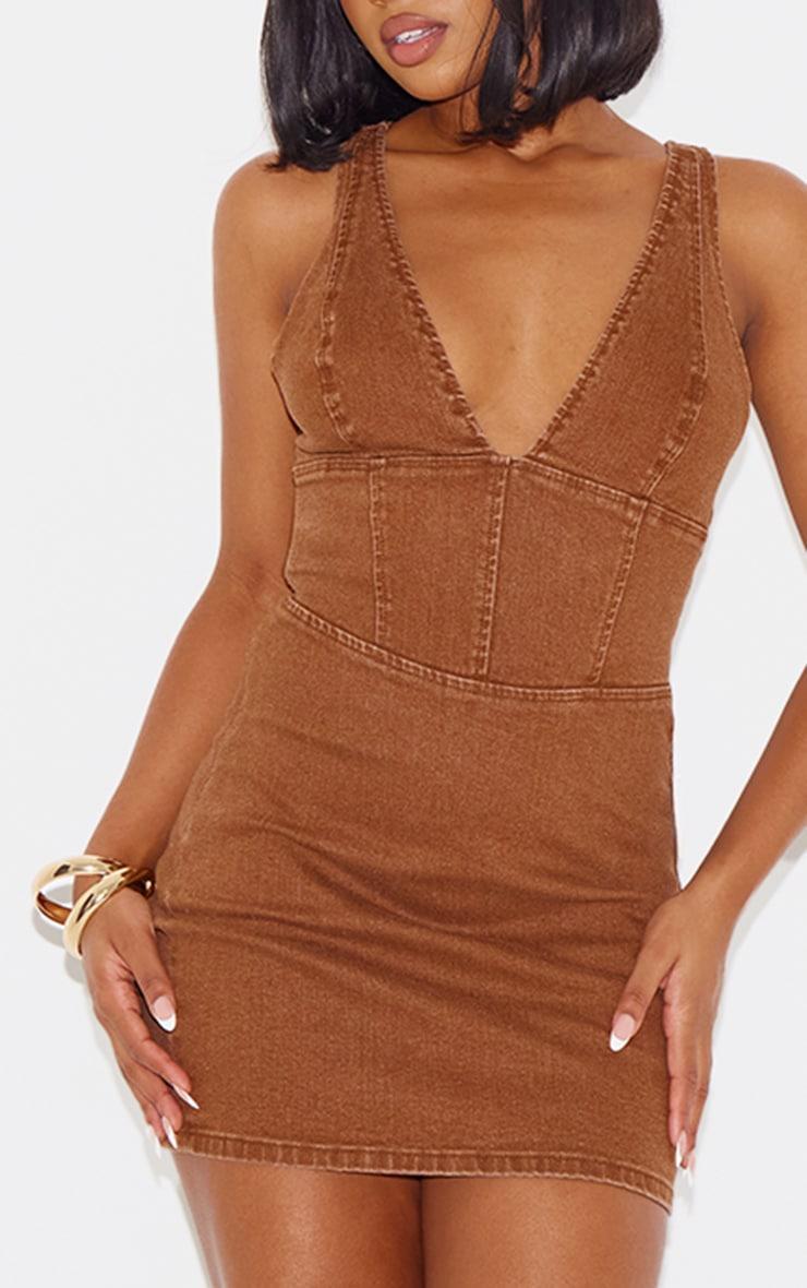 Brown Plunge Corset Style Denim Mini Dress Product Image