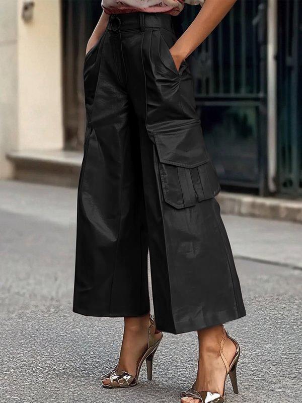 Loose Wide Leg Pleated Pockets Solid Color Split-Joint Pants Trousers Product Image