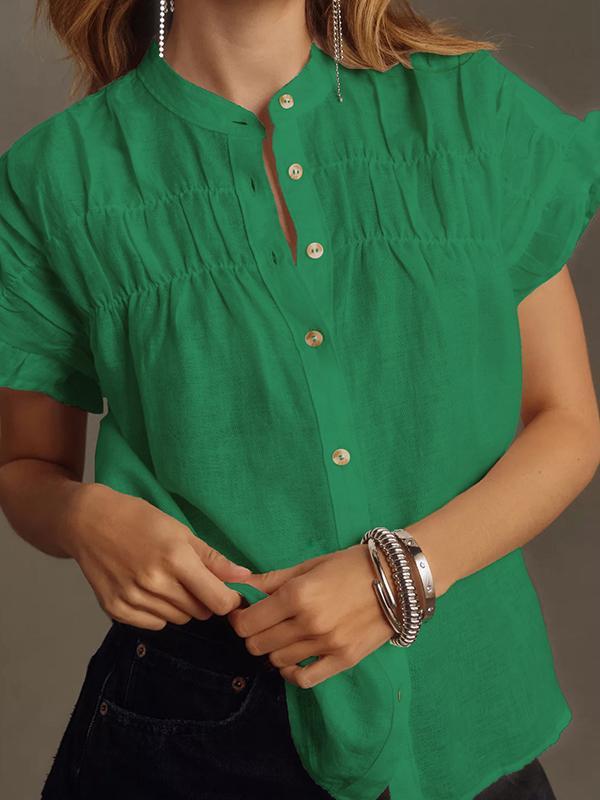 Loose Short Sleeves Pleated Ruffled See-Through Split-Joint Round-Neck Blouses&Shirts Tops Product Image