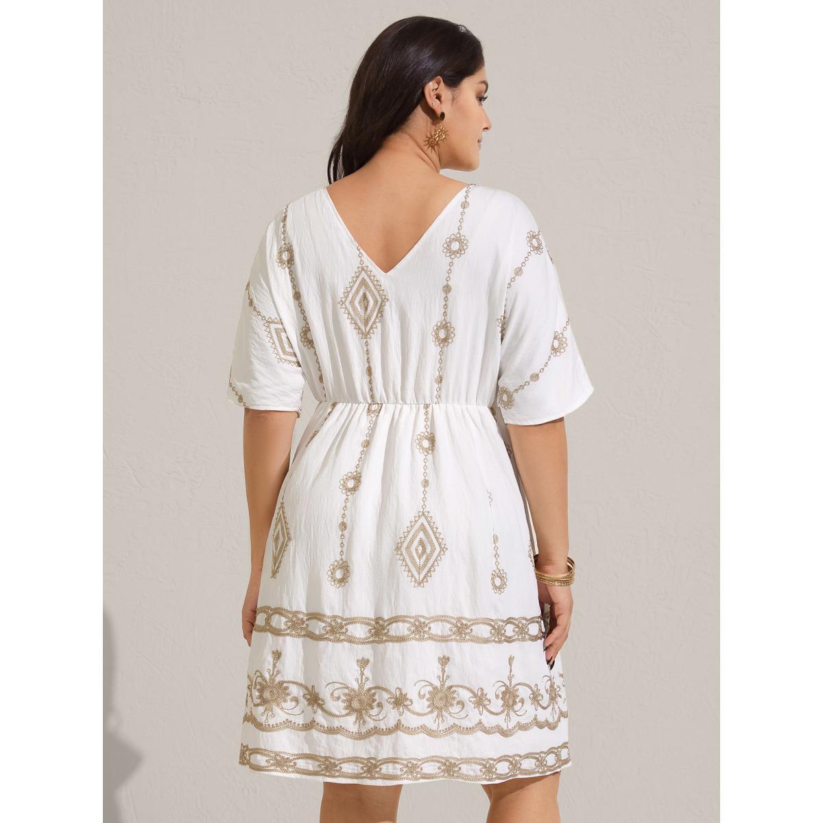 Plus Size Boho Embroidered Waist Tie Midi Dress Beige Women V-neck Sleeveless Curvy BloomChic 12/L Product Image