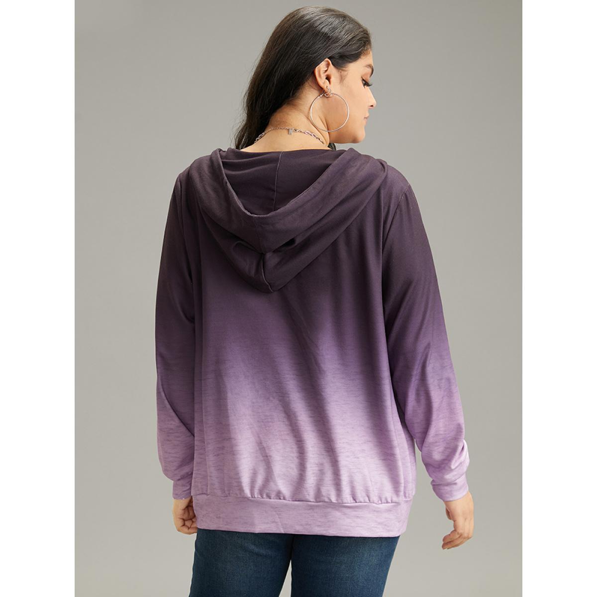 Plus Size Ombre Hooded Zipper Drawstring Sweatshirt Women Purple Casual Zipper Hooded Everyday Sweatshirts BloomChic 14-16/1X Product Image