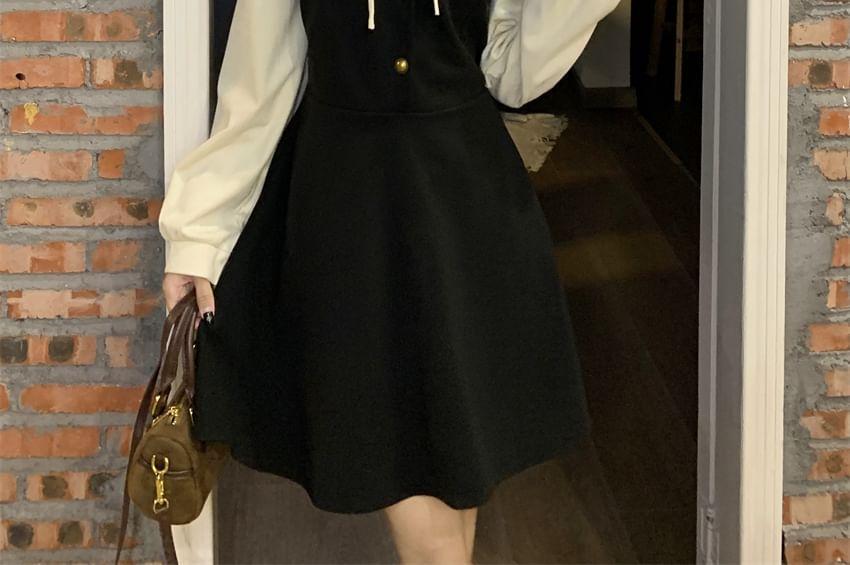 Mock Two-Piece Long-Sleeve Two Tone Mini A-Line Dress Product Image