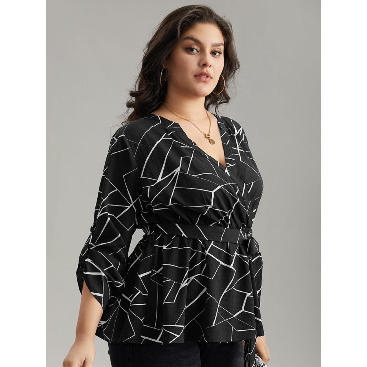 Plus Size Black Geometric Print Tab Sleeve Belted Wrap Blouse Women Office Long Sleeve V-neck Work Blouses BloomChic 10/M Product Image