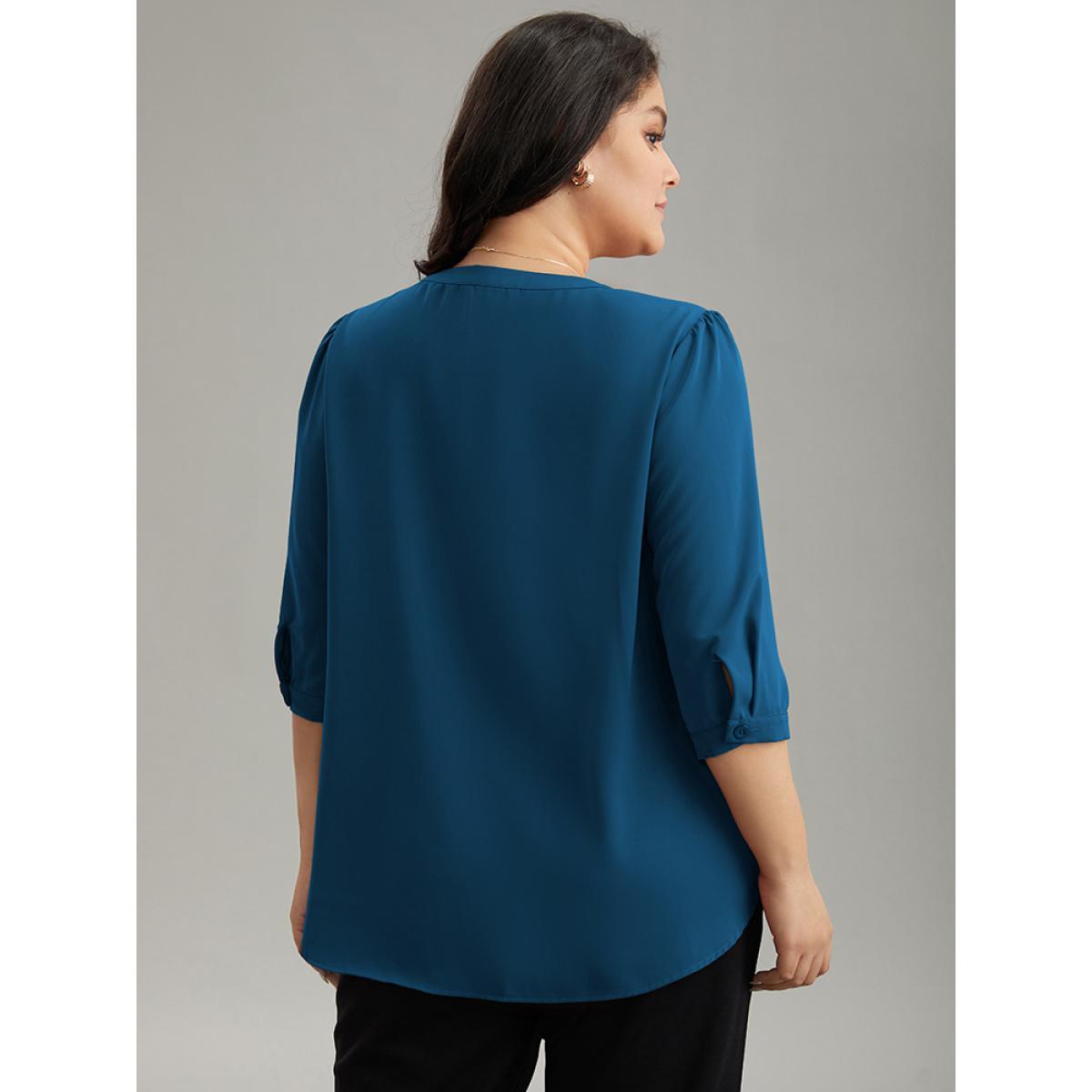Plus Size Aegean Plain Half Zip Gathered Blouse Women Work From Home Elbow-length sleeve V-neck Work Blouses BloomChic 30/6X Product Image
