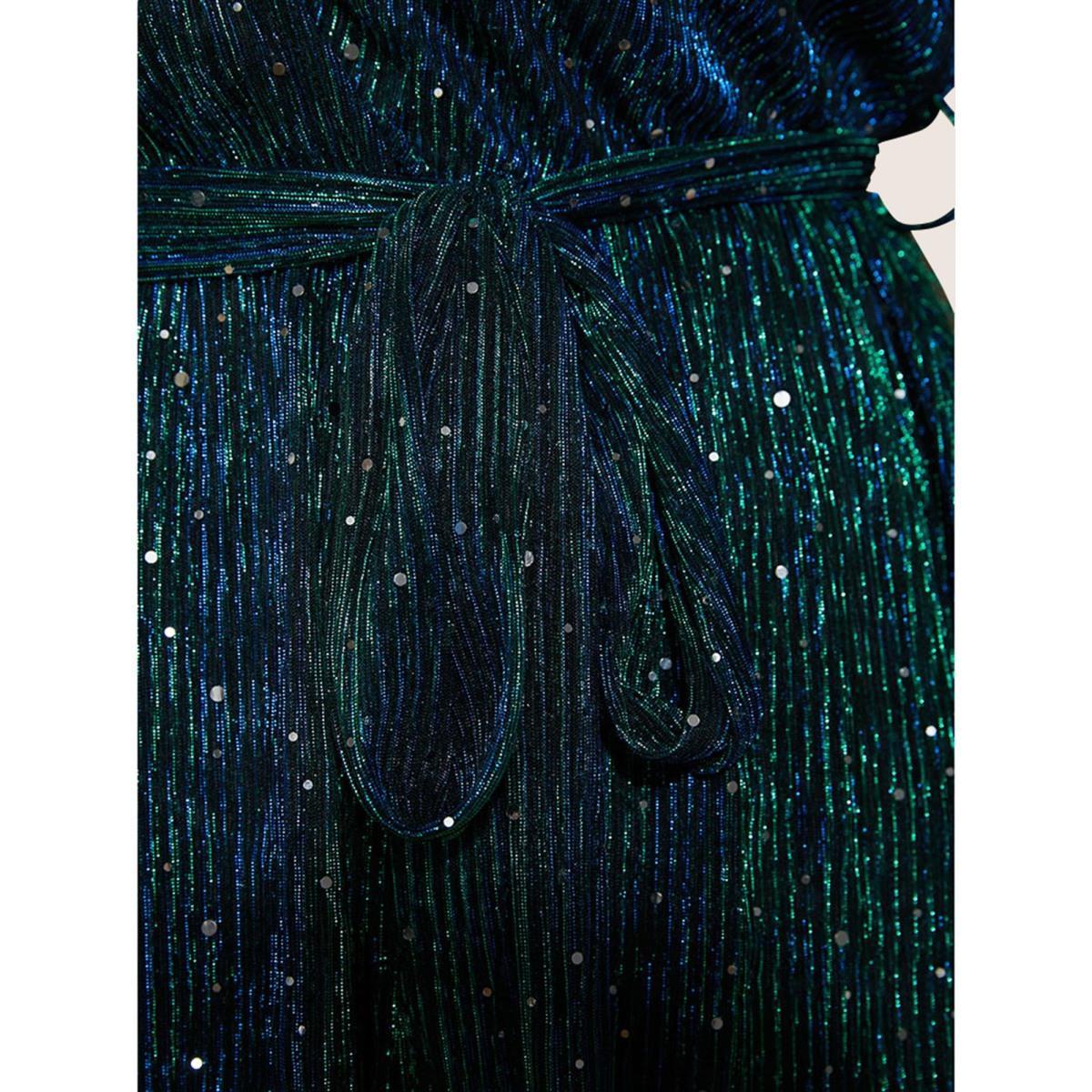 Plus Size DarkGreen Sequin Mesh Lantern Sleeve Wrap Belted Striped Blouse Women Cocktail Long Sleeve Overlap Collar Party Blouses BloomChic 22-24/3X Product Image