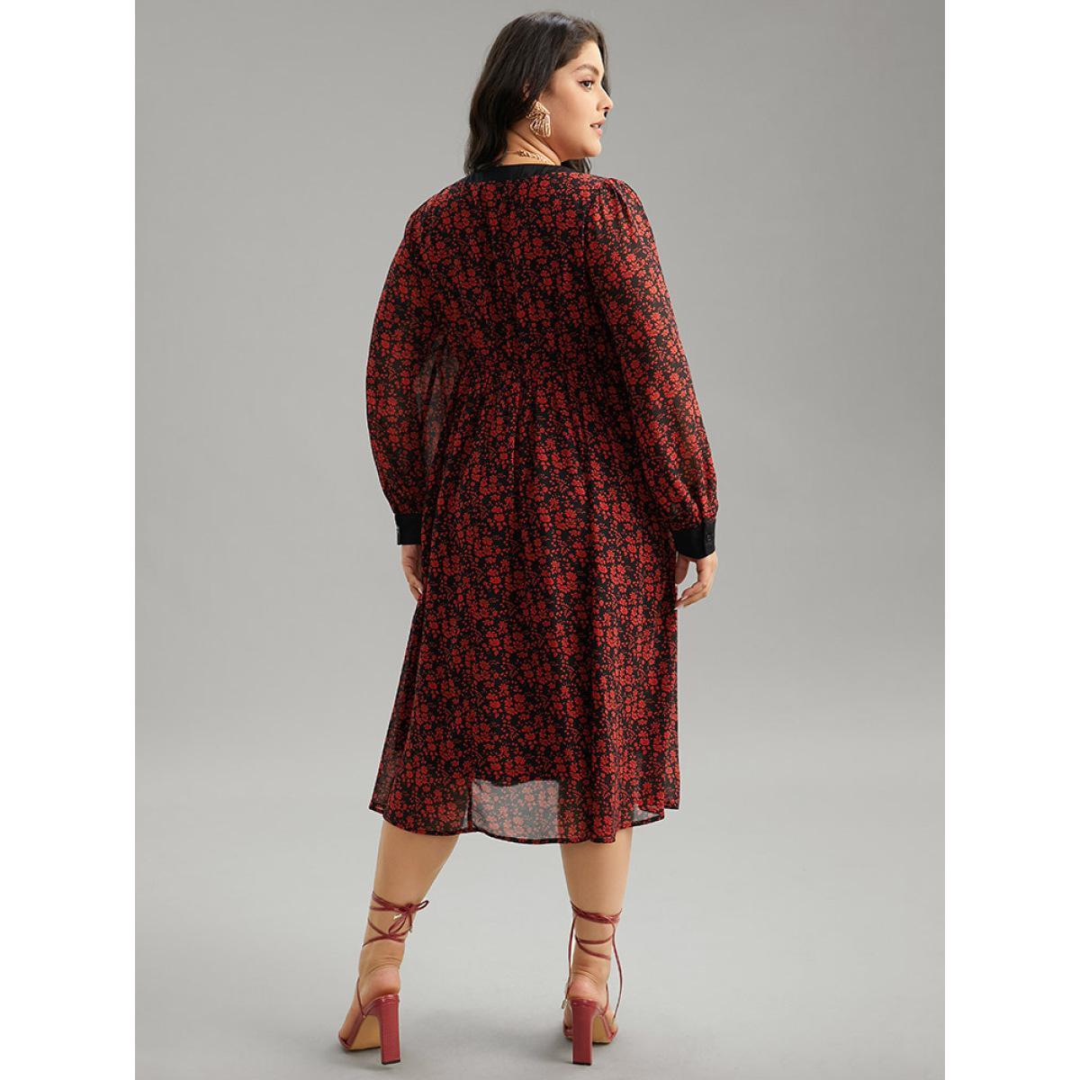 Plus Size Ditsy Floral Patchwork Elastic Waist Ties Dress Black Women Vacation Cross straps Tie Neck Long Sleeve Curvy Midi Dress BloomChic 26/4X Product Image