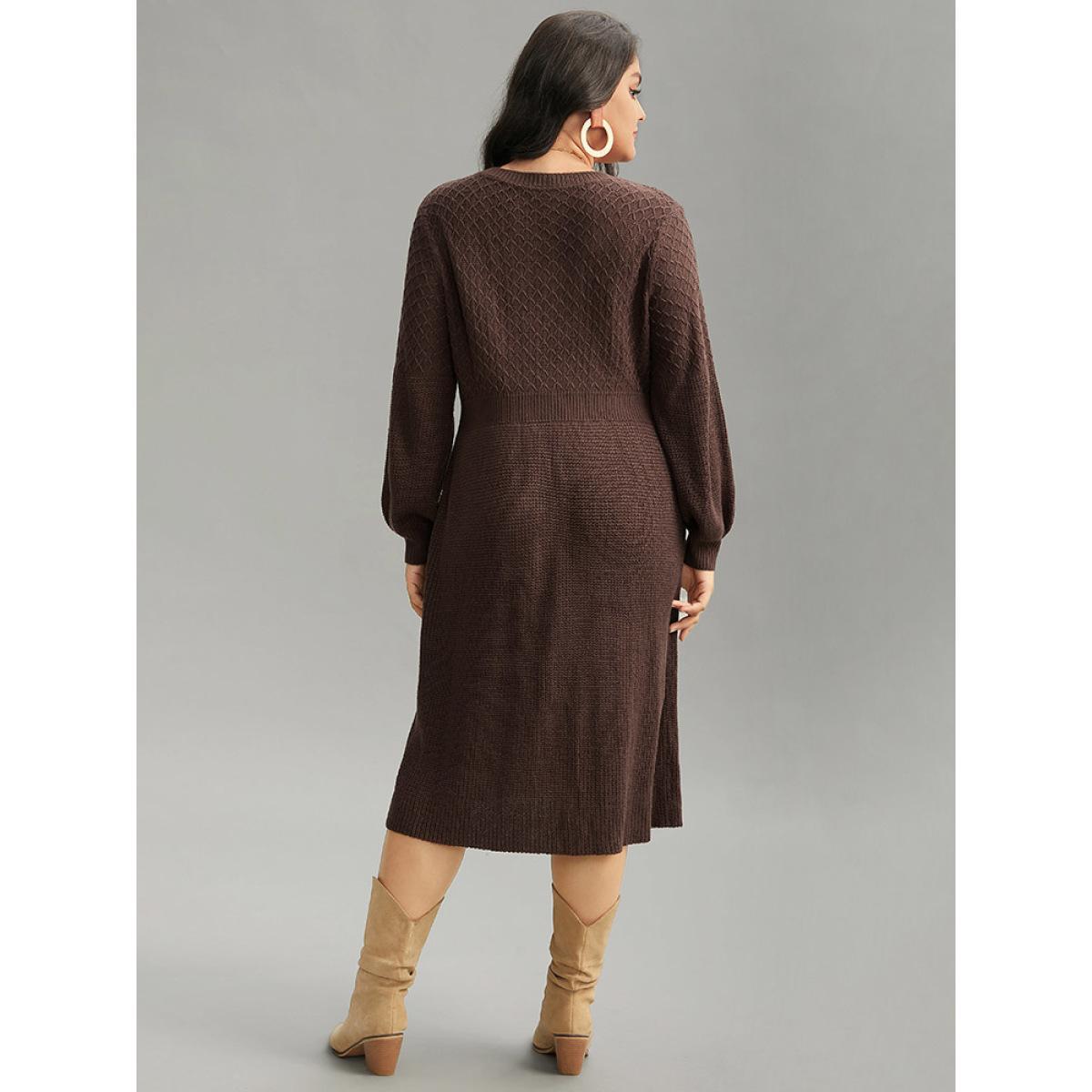 Plus Size A Line Waistline Inside Lantern Sleeve Sweater Dress DarkBrown Women Casual Loose Long Sleeve Dailywear Sweater Dresses BloomChic 12/L Product Image