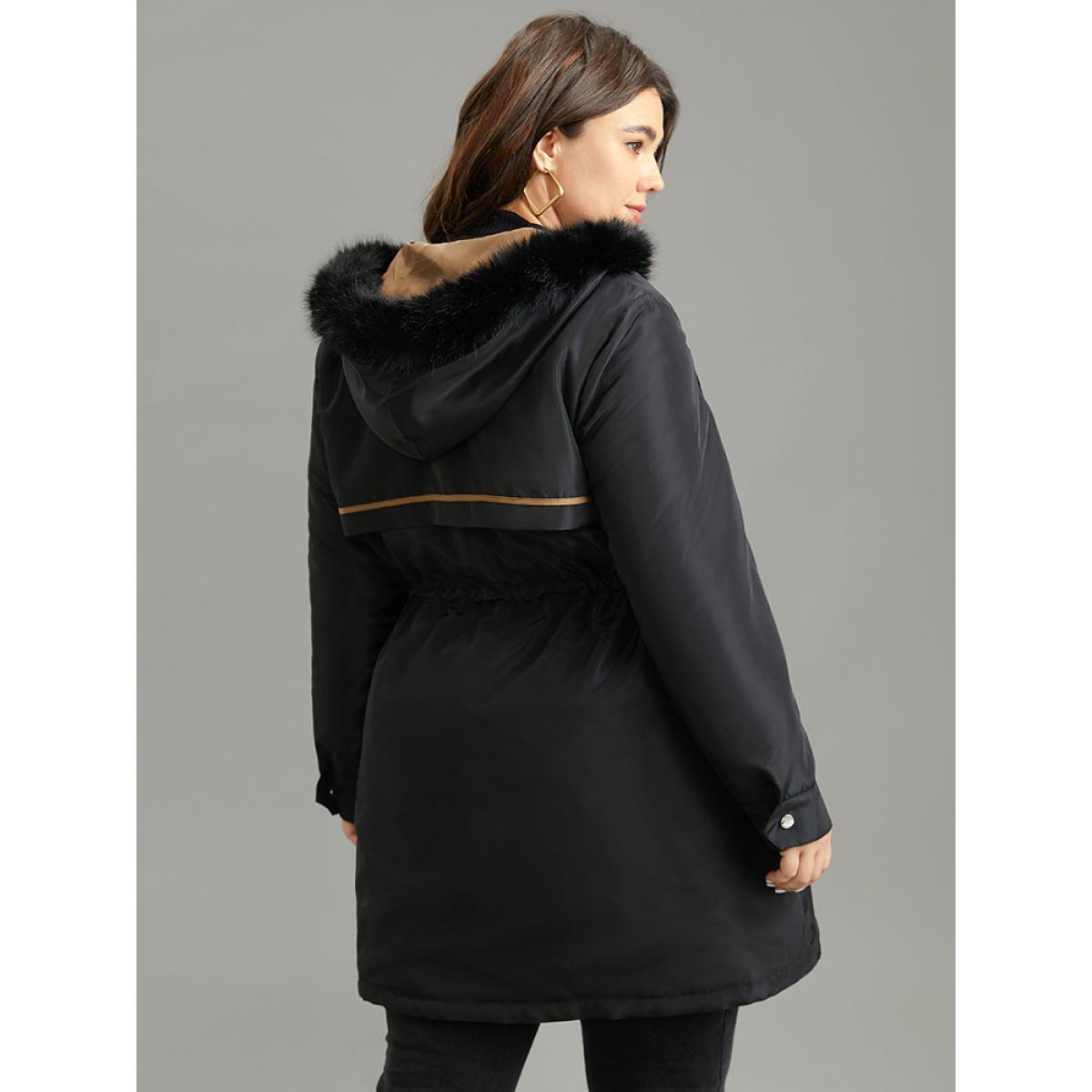 Plus Size Contrast Drawstring Patchwork Zipper Fuzzy Trim Coat Women Black Casual Lined Ladies Dailywear Winter Coats BloomChic 18-20/2X Product Image