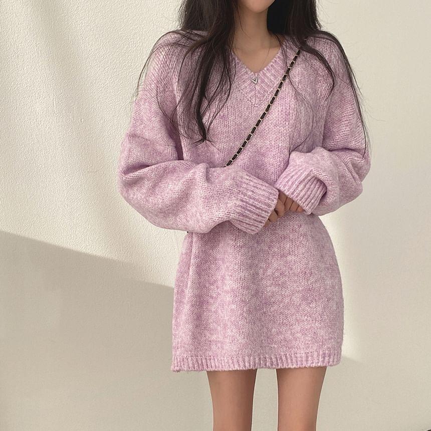 V-Neck Plain Oversized Sweater Product Image