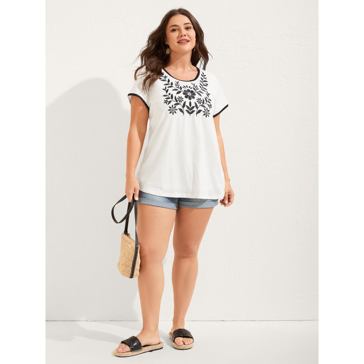 Plus Size Supersoft Floral Embroidered T-Shirt WhiteSmoke Women Round Neck Vacation T-shirts BloomChic 30/6X Product Image