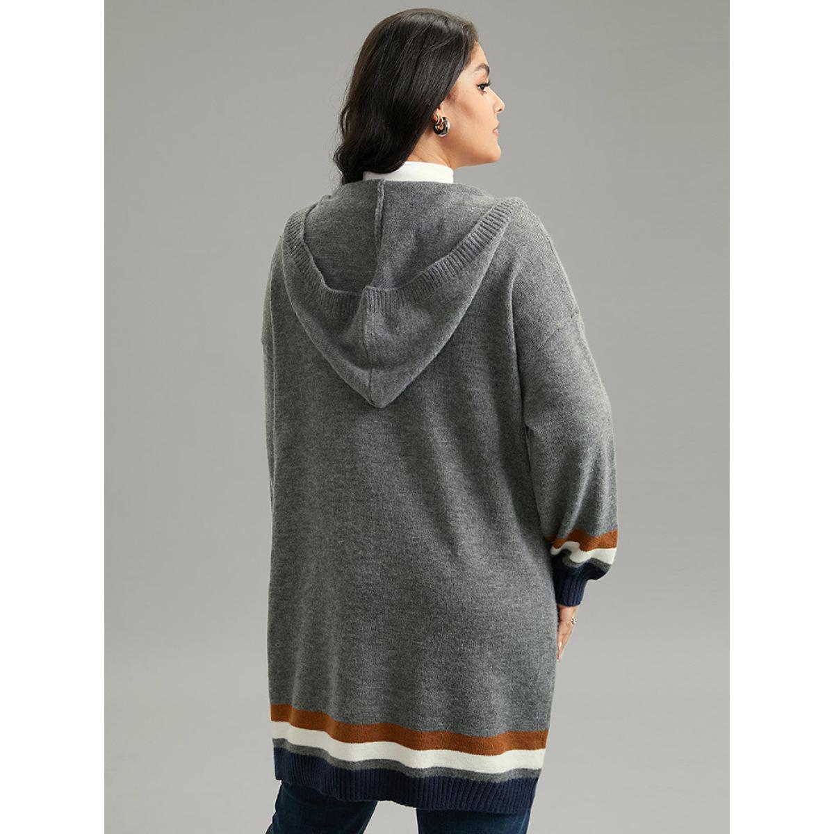Plus Size Supersoft Essentials Striped Contrast Pocket Hooded Cardigan DimGray Women Casual Loose Long Sleeve Dailywear Cardigans BloomChic 18-20/2X Product Image