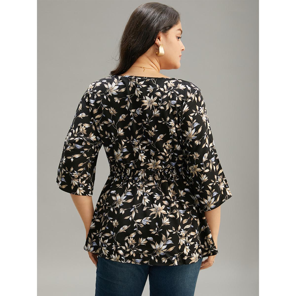 Plus Size BlackFlower Floral Print Shirred Button Detail V Neck Petal Sleeve Blouse Women Vacation Half Sleeve V-neck Dailywear Blouses BloomChic 14-16/1X Product Image