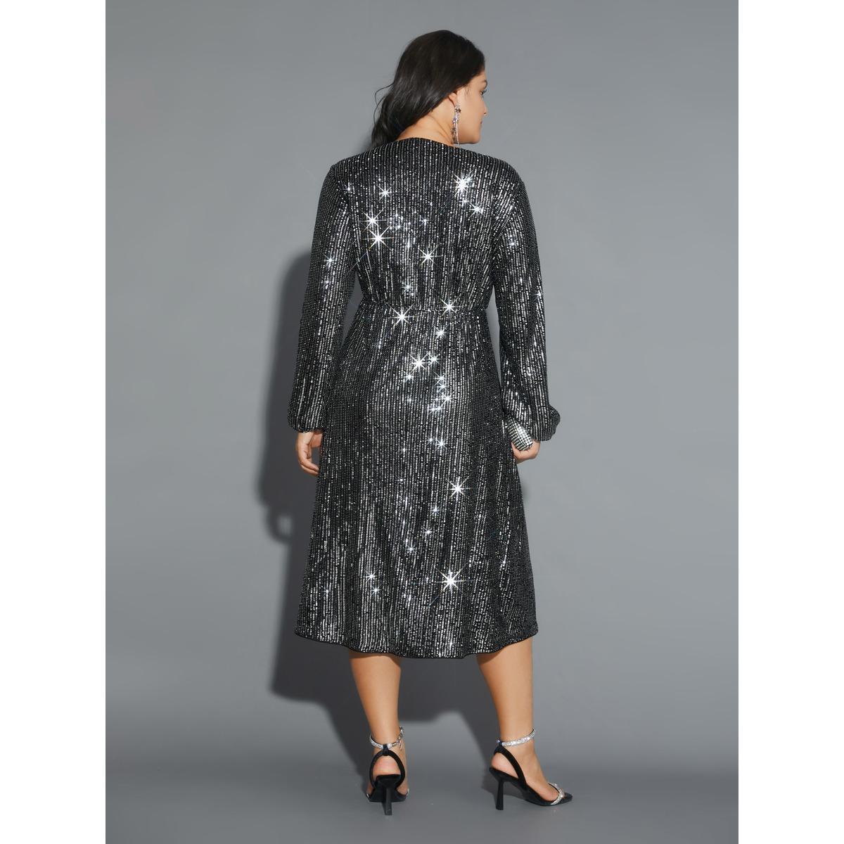 Plus Size Solid Pocket Lantern Sleeve Wrap Sequin Dress Silver Women Party Pocket Overlap Collar Long Sleeve Curvy Midi Dress BloomChic 10/M Product Image