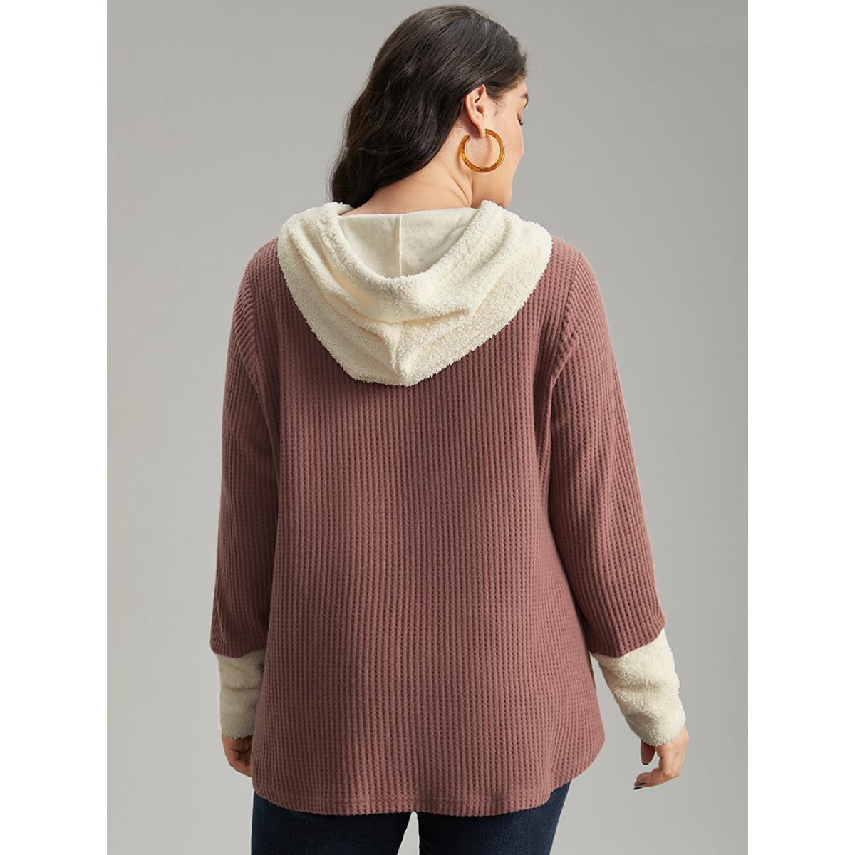 Plus Size Waffle Knit Pocket Hooded Patchwork Sweatshirt Women DustyPink Casual Waffle Knit Hooded Everyday Sweatshirts BloomChic 22-24/3X Product Image