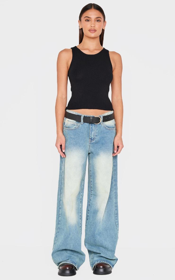 Black Fine Knit  Racer Neck Top Product Image