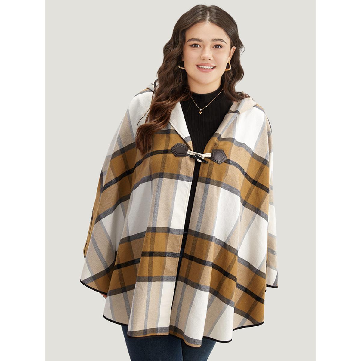 Plus Size Plaid Duffle Button Hooded Cape Coat Women Bronze Casual Button Loose Ladies Dailywear Winter Coats BloomChic 22-24/3X Product Image