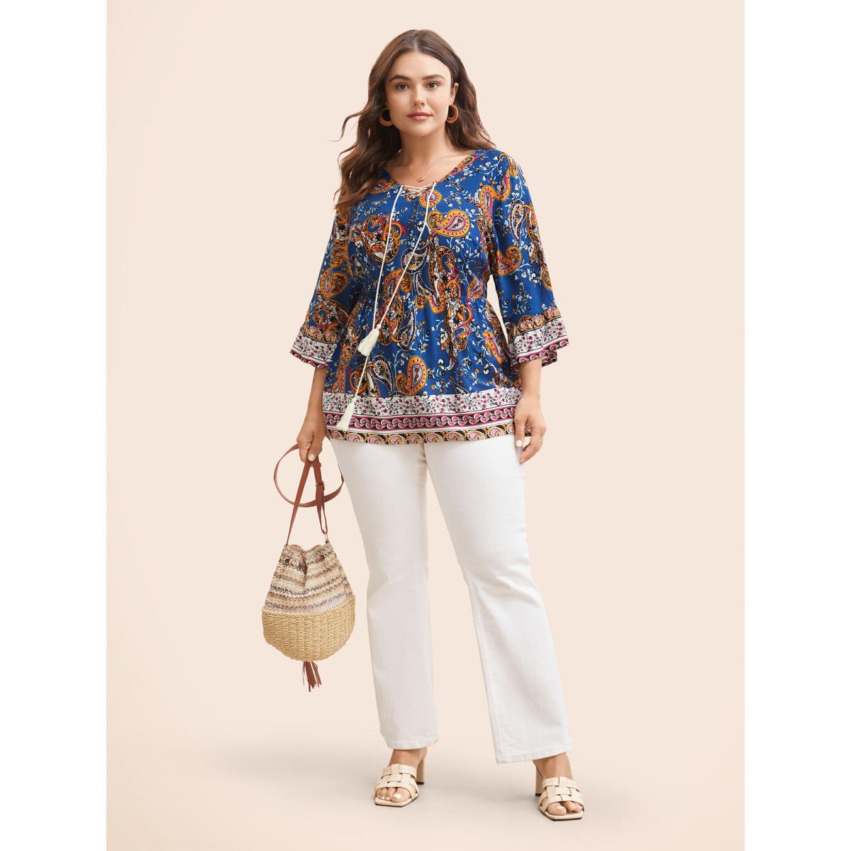 Plus Size DarkBlue Boho Print Tie Knot Tassels Crisscross Blouse Women Resort Elbow-length sleeve V-neck Vacation Blouses BloomChic 26/4X Product Image