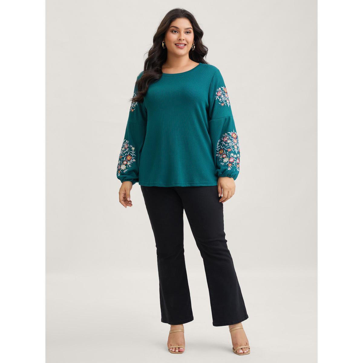 Plus Size Waffle Knit Floral Embroidered Lantern Sleeve T-shirt Cyan Women Elegant Texture Floral Round Neck Everyday T-shirts BloomChic 10/M Product Image