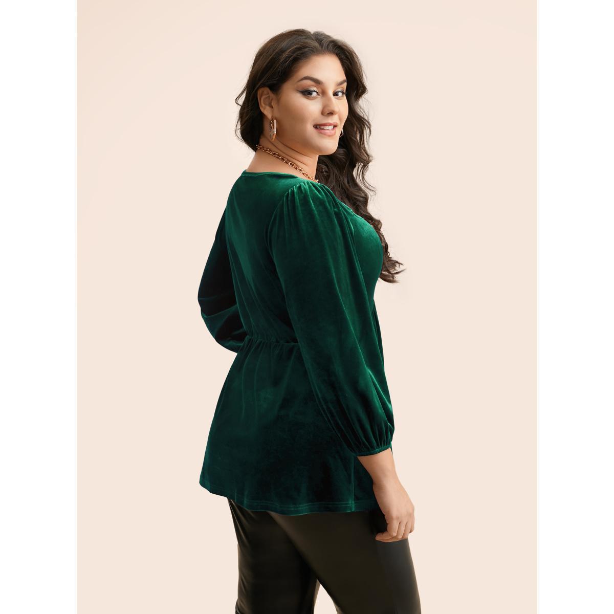 Plus Size Eggplant Velvet Heart Neckline Gathered Blouse Women Elegant Three Quater Length Sleeve Heart neckline Everyday Blouses BloomChic 12/L Product Image
