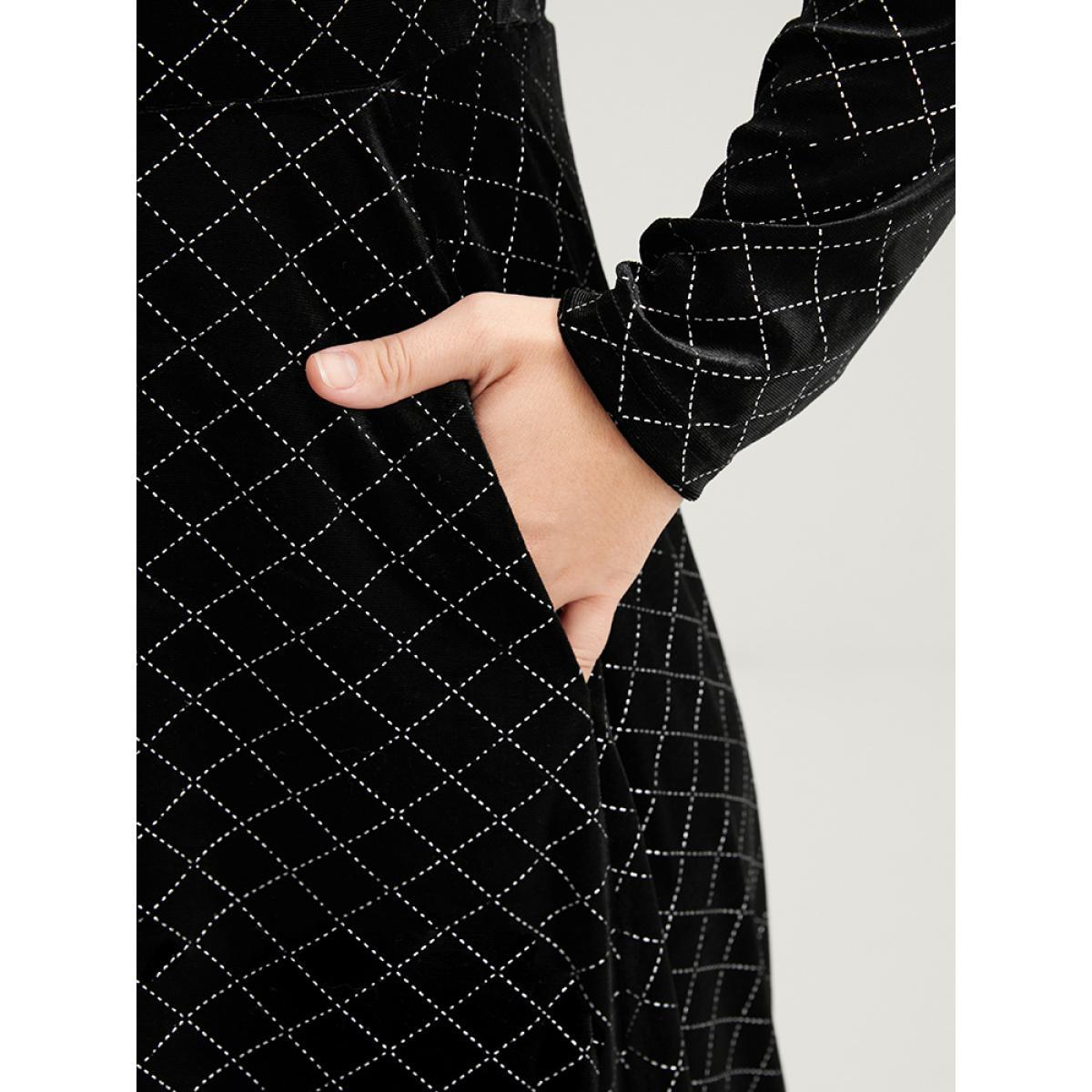 Plus Size Plaid Glitter Mesh Insert Pocket Velvet Dress Black Women Party Velvet Round Neck Long Sleeve Curvy Midi Dress BloomChic 12/L Product Image