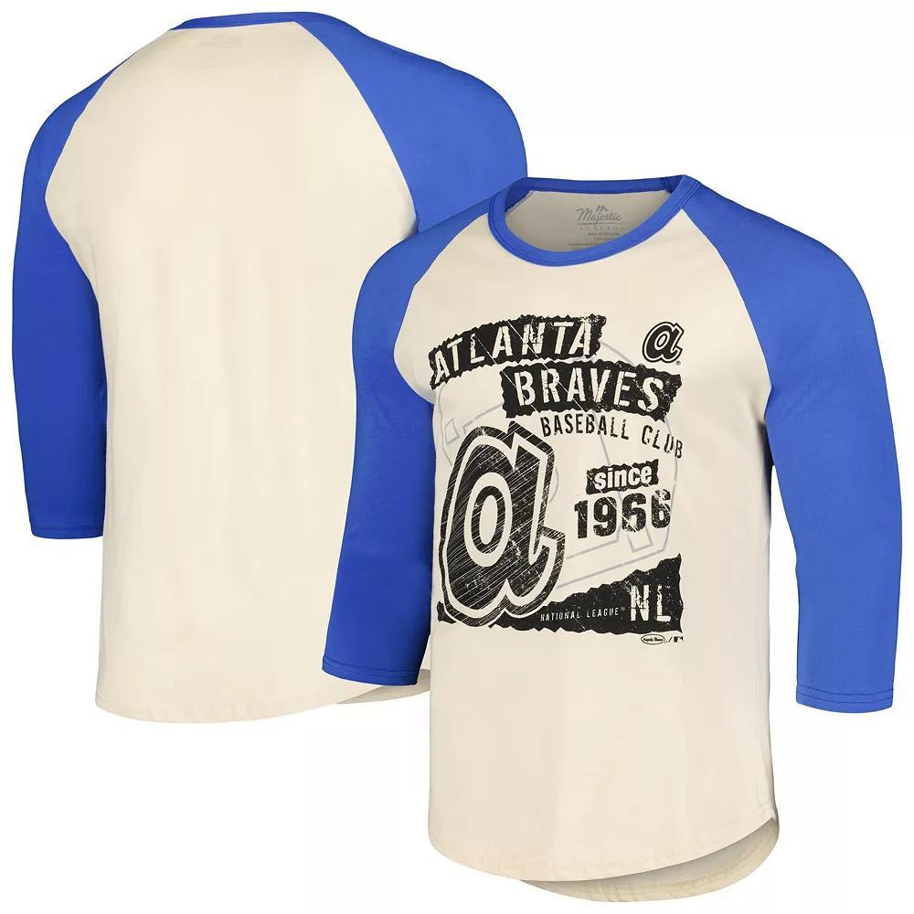 Men's Majestic Threads Cream/Royal Atlanta Braves Raglan 3/4-Sleeve T-Shirt, Size: 2XL, Beige Product Image