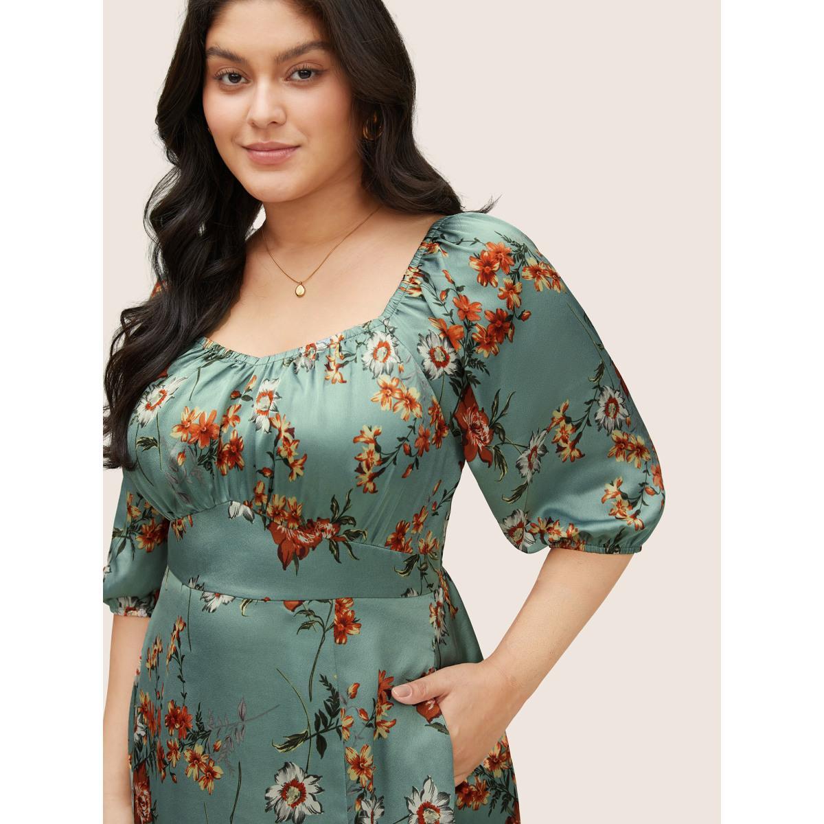 Plus Size Floral Elastic Waist Gathered Split Front Dress Mint Women Elegant Non Square Neck Elbow-length sleeve Curvy Midi Dress BloomChic 10/M Product Image