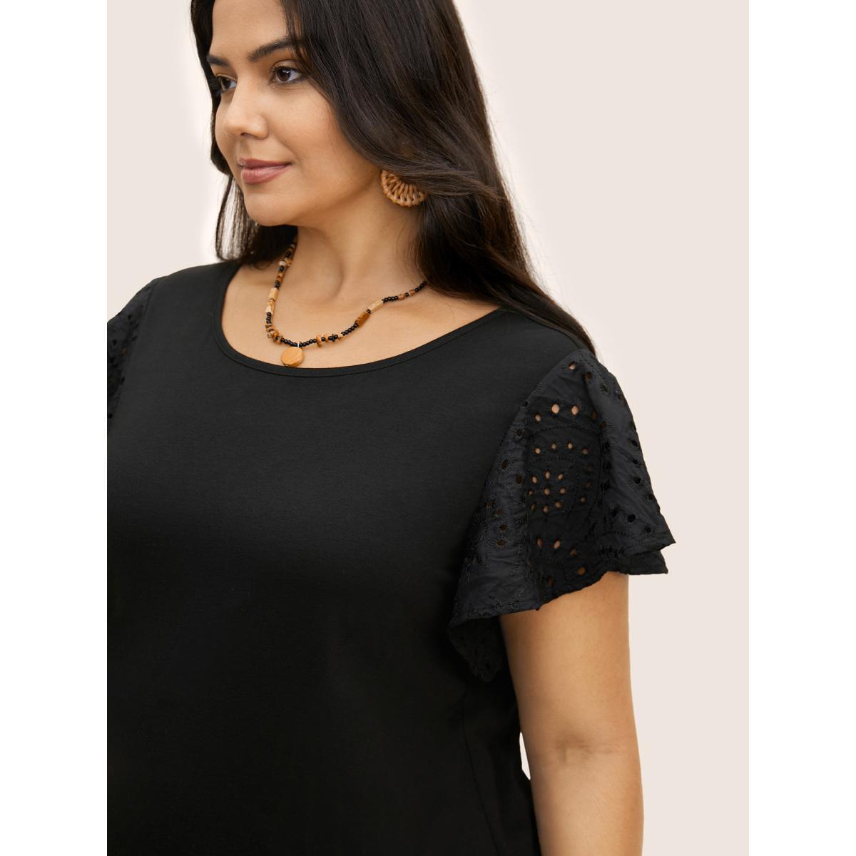 Plus Size Solid Broderie Anglaise Ruffle Cap Sleeve T-shirt Black Women Resort Cut-Out Round Neck Vacation T-shirts BloomChic 10/M Product Image