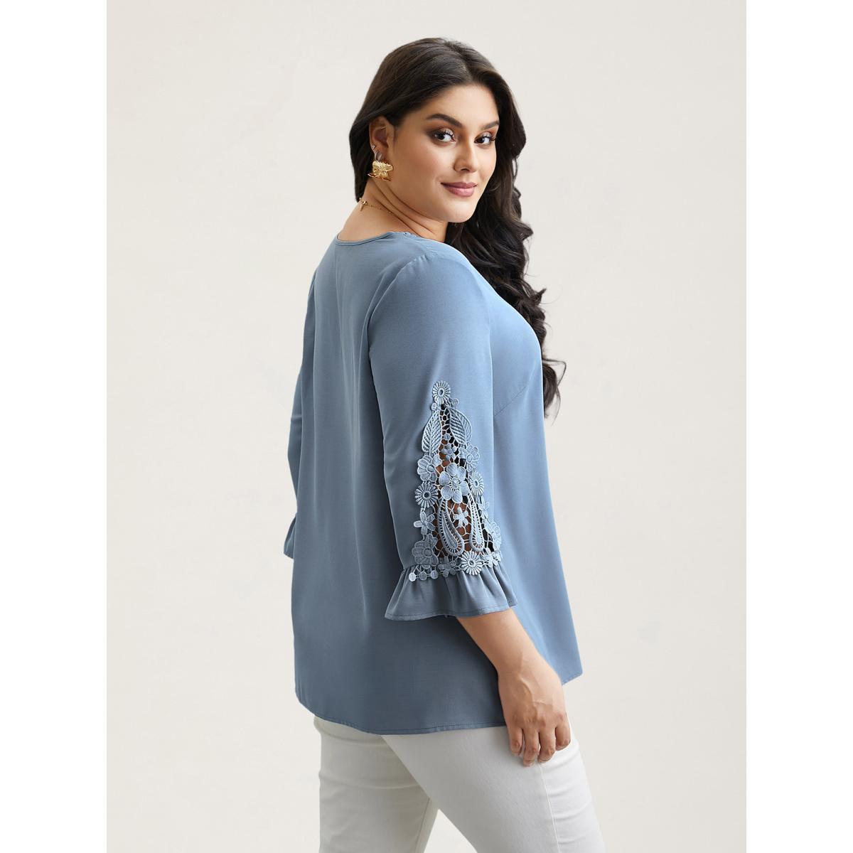 Plus Size Stone Lace Patchwork Ruffled V-Neck Blouse Women Elegant Elbow-length sleeve V-neck Everyday Blouses BloomChic 10/M Product Image