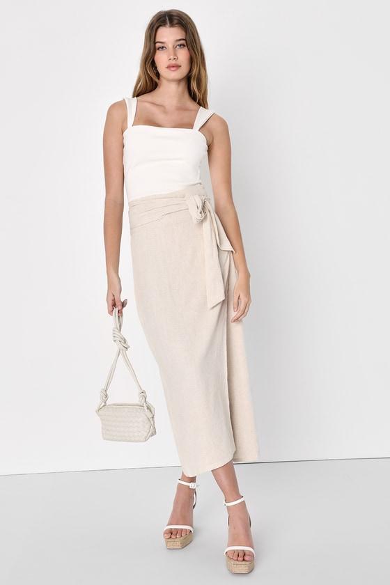 Breezy Personality Beige Linen Midi Wrap Skirt Product Image