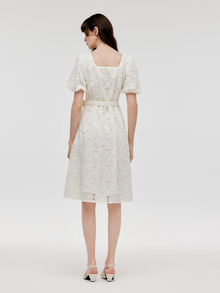 Lace Puff Sleeves Women Midi Dress With Belt Product Image