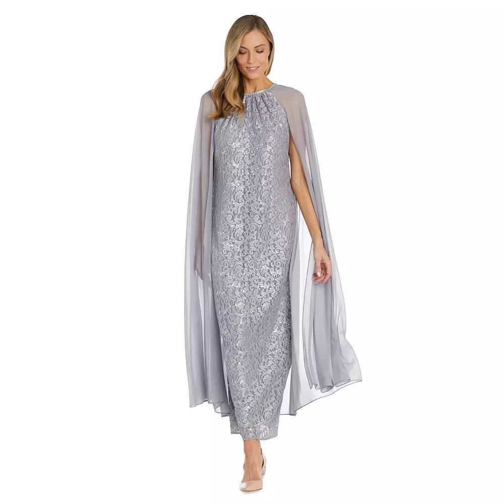 Women's R&M Richards Long Sequin Lace Chiffon Cape Gown, Size: 14, Blue Product Image