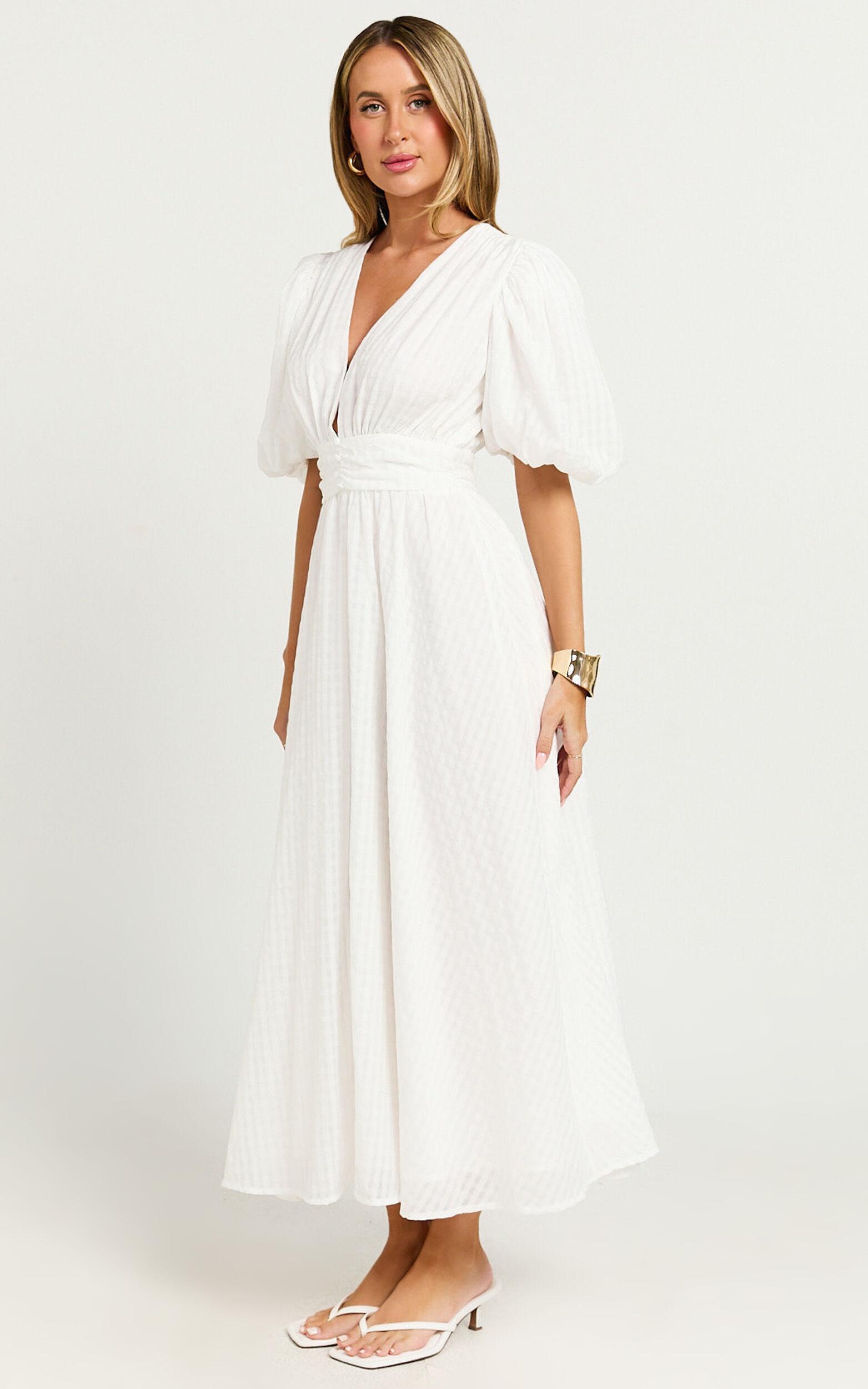 Xandy Midi Dress - Textured Puff Sleeve Plunge Dress in White Product Image