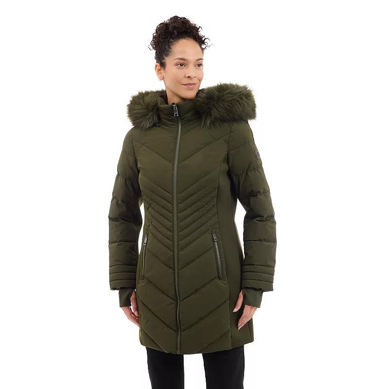 Women's London Fog Faux Fur Trimmed Hooded Puffer Jacket, Size: XL, Brown Product Image