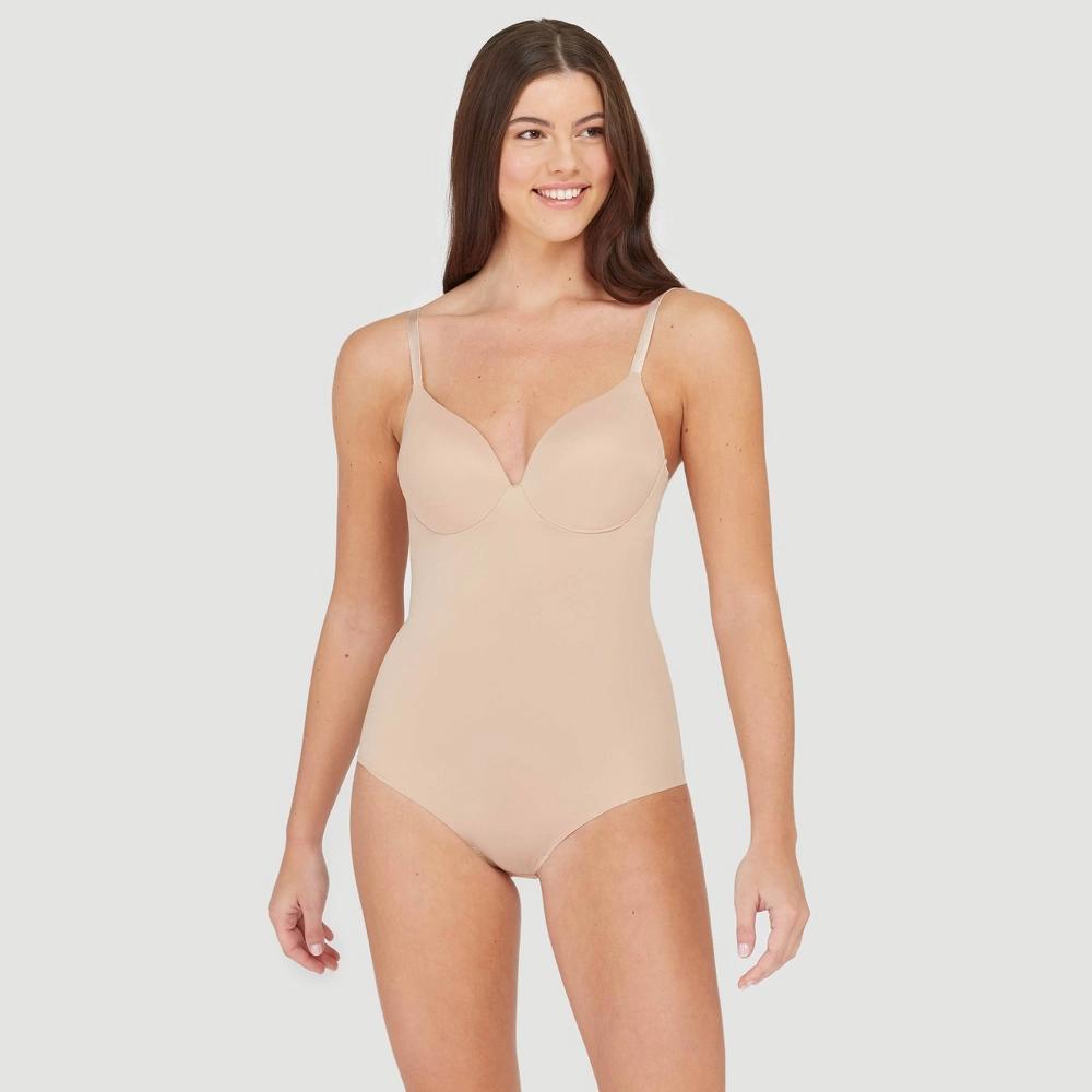 ASSETS by SPANX Women's Flawless Finish Shaping Micro Low Back Cupped Bodysuit Shapewear - Very Black 1X: Medium Control Knit Body Shaper Product Image