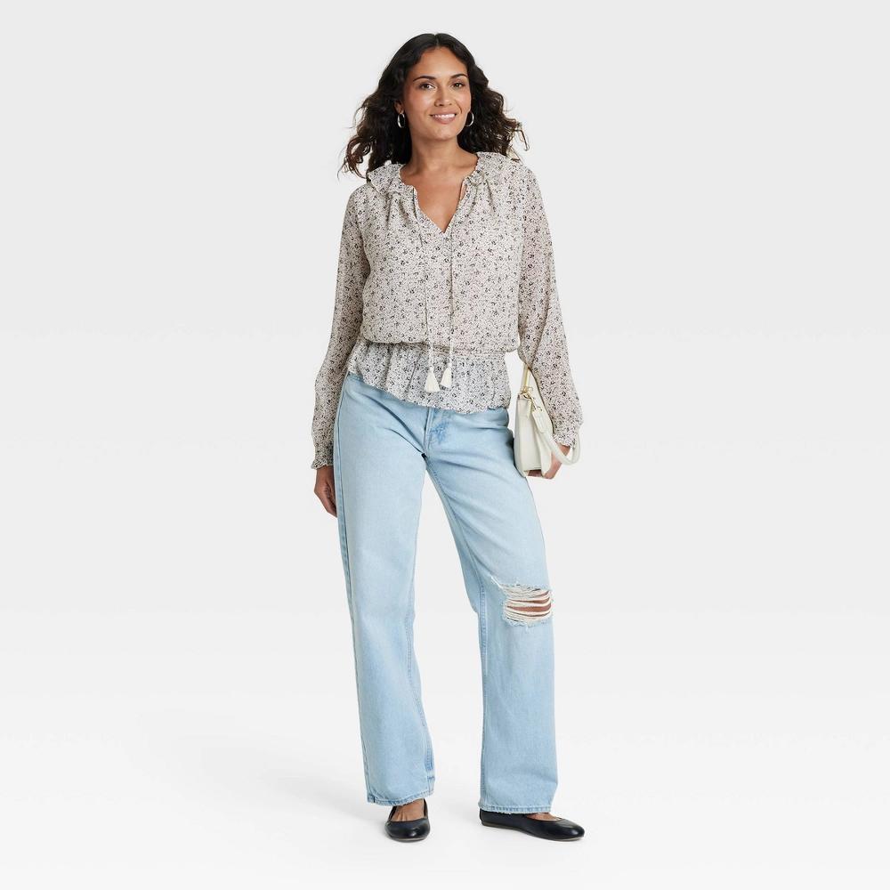 Womens Long Sleeve Blouse - Universal Thread Cream Floral XS: Casual V Neck Chiffon Top, Front Tie Pullover Product Image