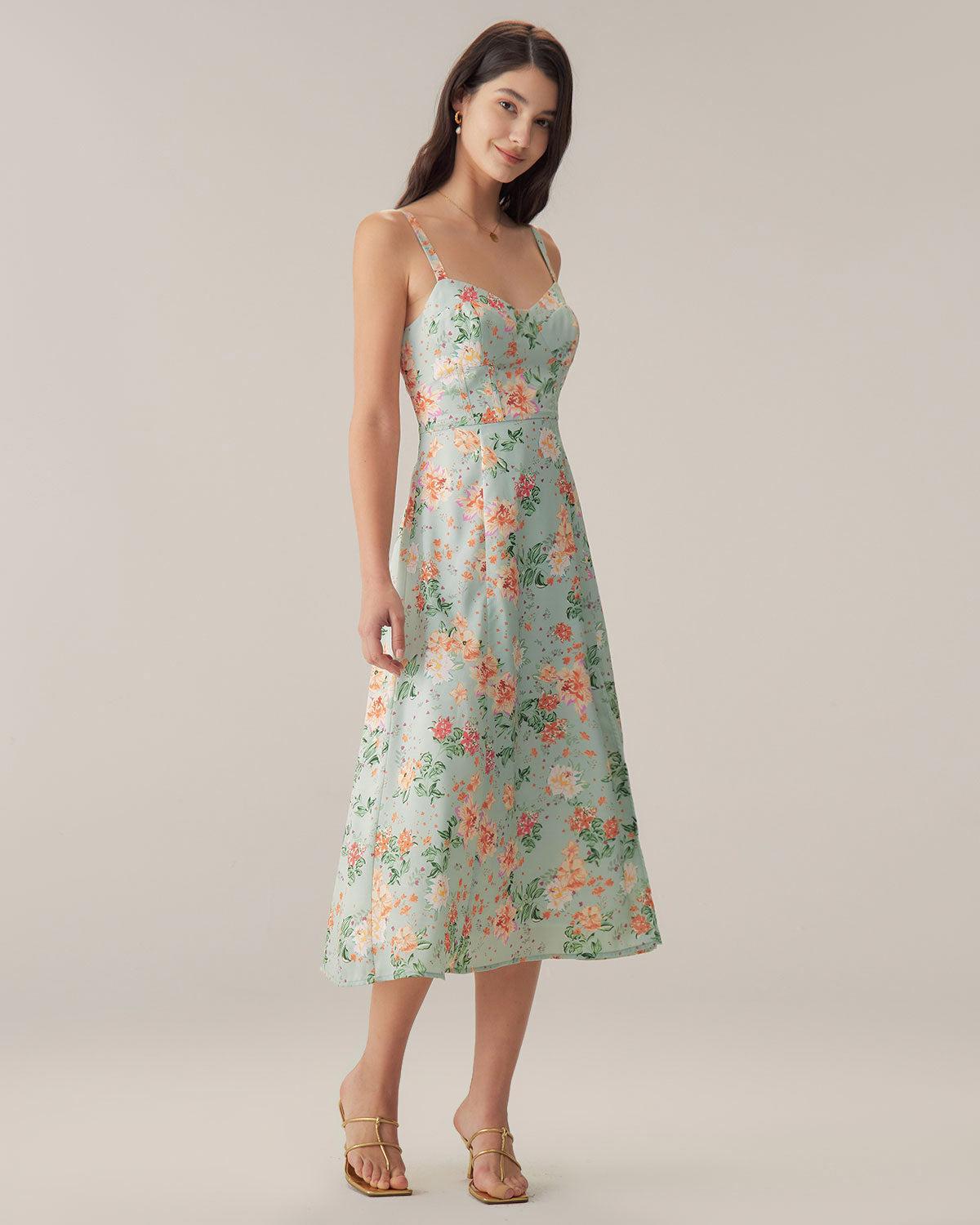 Green Floral Sweetheart Neck Slip Midi Dress Product Image