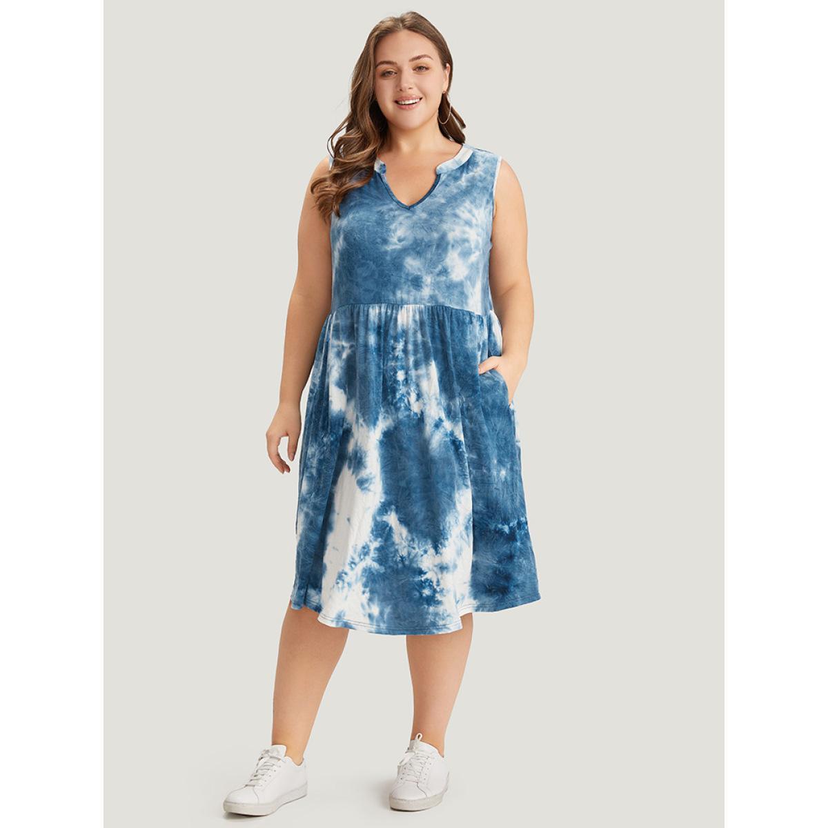 Plus Size Tie Dye Notched Pocket Flutter Hem Tank Dress Stone Women Casual Tie Dye Notched collar Sleeveless Curvy Knee Dress BloomChic 22-24/3X Product Image
