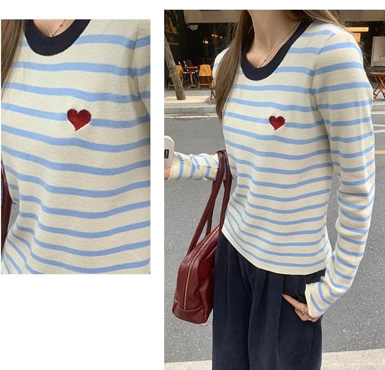 Long-Sleeve Round Neck Striped Heart Bow Embroidered Knit Top Product Image