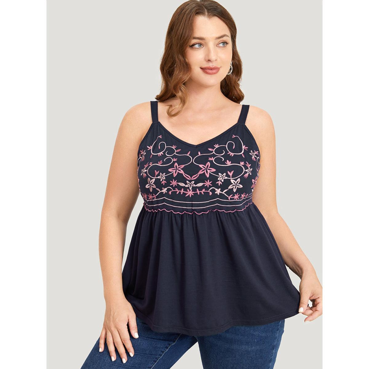 Plus Size Floral Embroidered Ruffle Hem Cami Top Women Indigo Elegant Gathered V-neck Vacation Tank Tops Camis BloomChic 22-24/3X Product Image