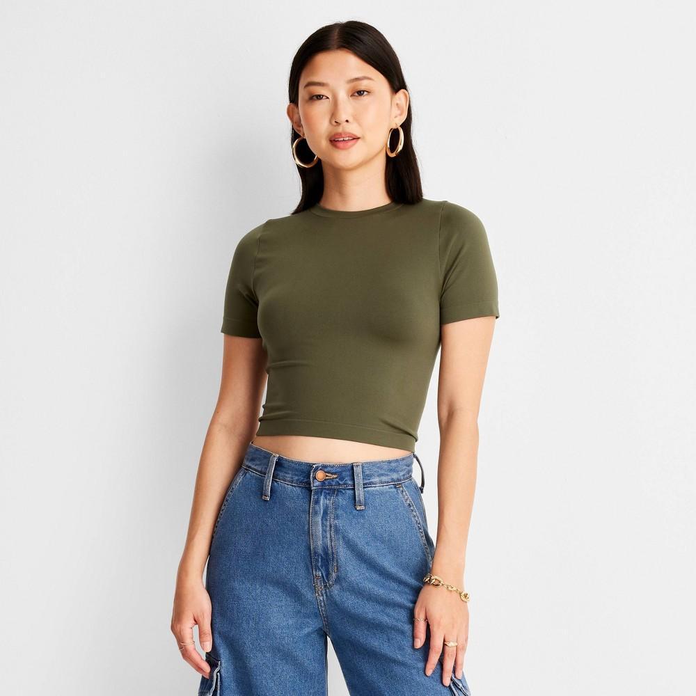 Women's Slim Fit Short Sleeve Seamless Baby T-Shirt - A New Day™ Black S: Lightweight Nylon Spandex Pullover, Crew Neck Jersey Product Image