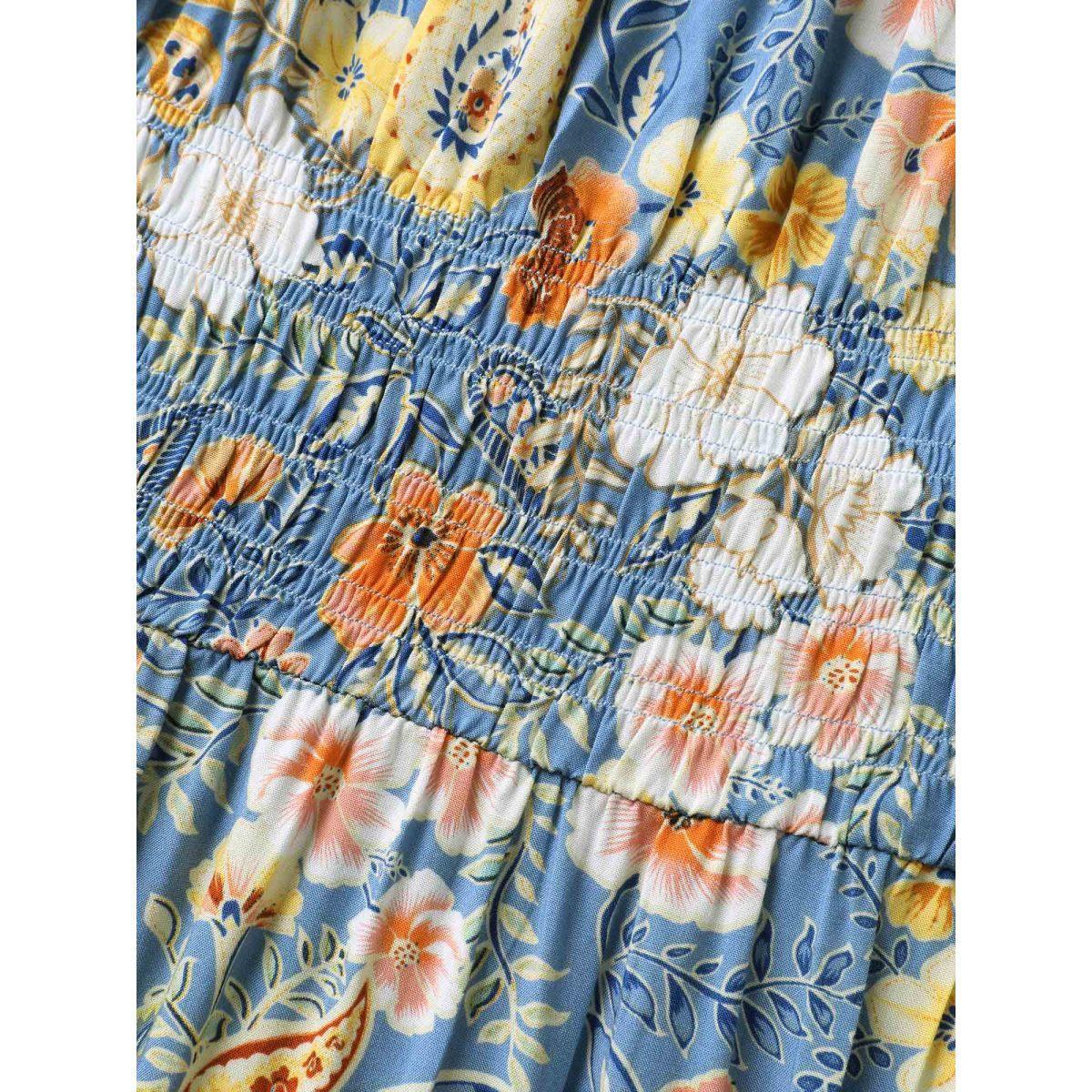 Plus Size Rayon Paisley Ruffled Shirred Waist Midi Dress Skyblue Women Square Neck Short sleeve Curvy BloomChic 26/4X Product Image