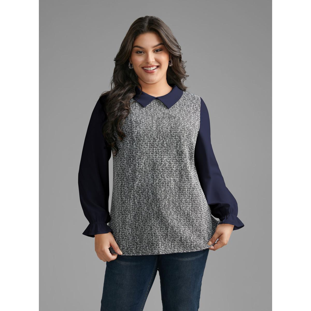 Plus Size Indigo Tweed Patchwork Lantern Sleeve Blouse Women At the Office Long Sleeve Shirt collar Work Blouses BloomChic 26/4X Product Image