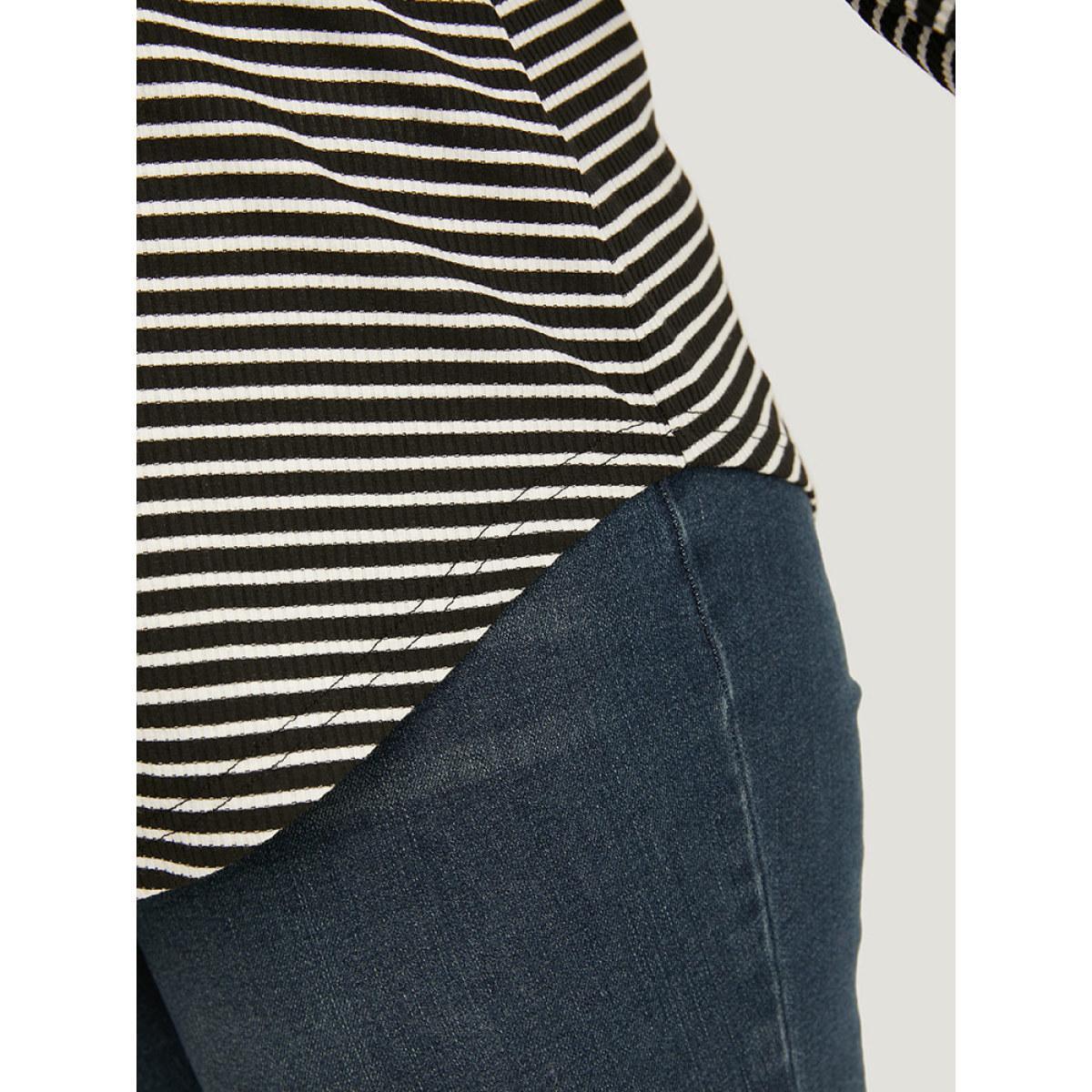 Plus Size Striped Button Up Curved Hem Patchwork T-shirt Black Women Casual Elastic cuffs Striped Open Front Dailywear T-shirts BloomChic 28/5X Product Image