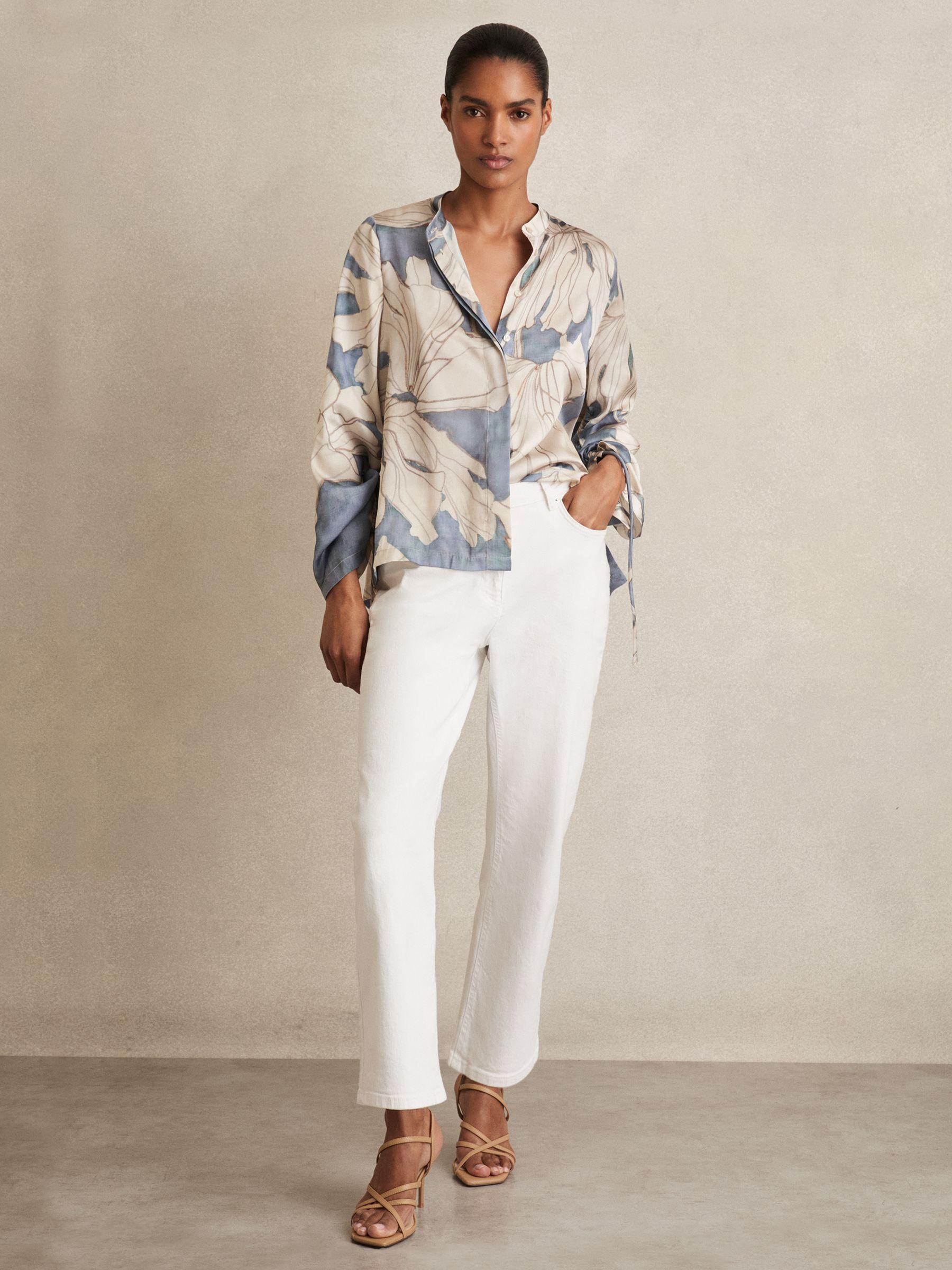 Floral Print Gathered Cut Out Shirt in Blue Product Image