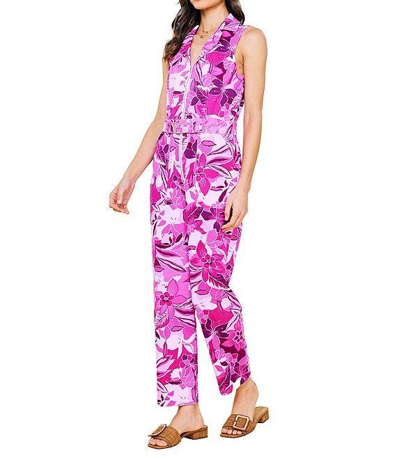 Skies Are Blue Floral Printed Twill Collar V-Neck Sleeveless Zip Front Jumpsuit Product Image