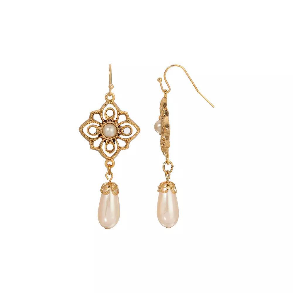 1928 Gold Tone Filigree Faux Pearl Drop Earrings, Womens, White Product Image