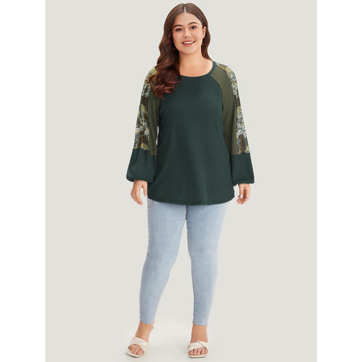 Plus Size Floral Mesh Patchwork Lantern Sleeve Sweatshirt Women Emerald Elegant Patchwork Round Neck Dailywear Sweatshirts BloomChic 14-16/1X Product Image
